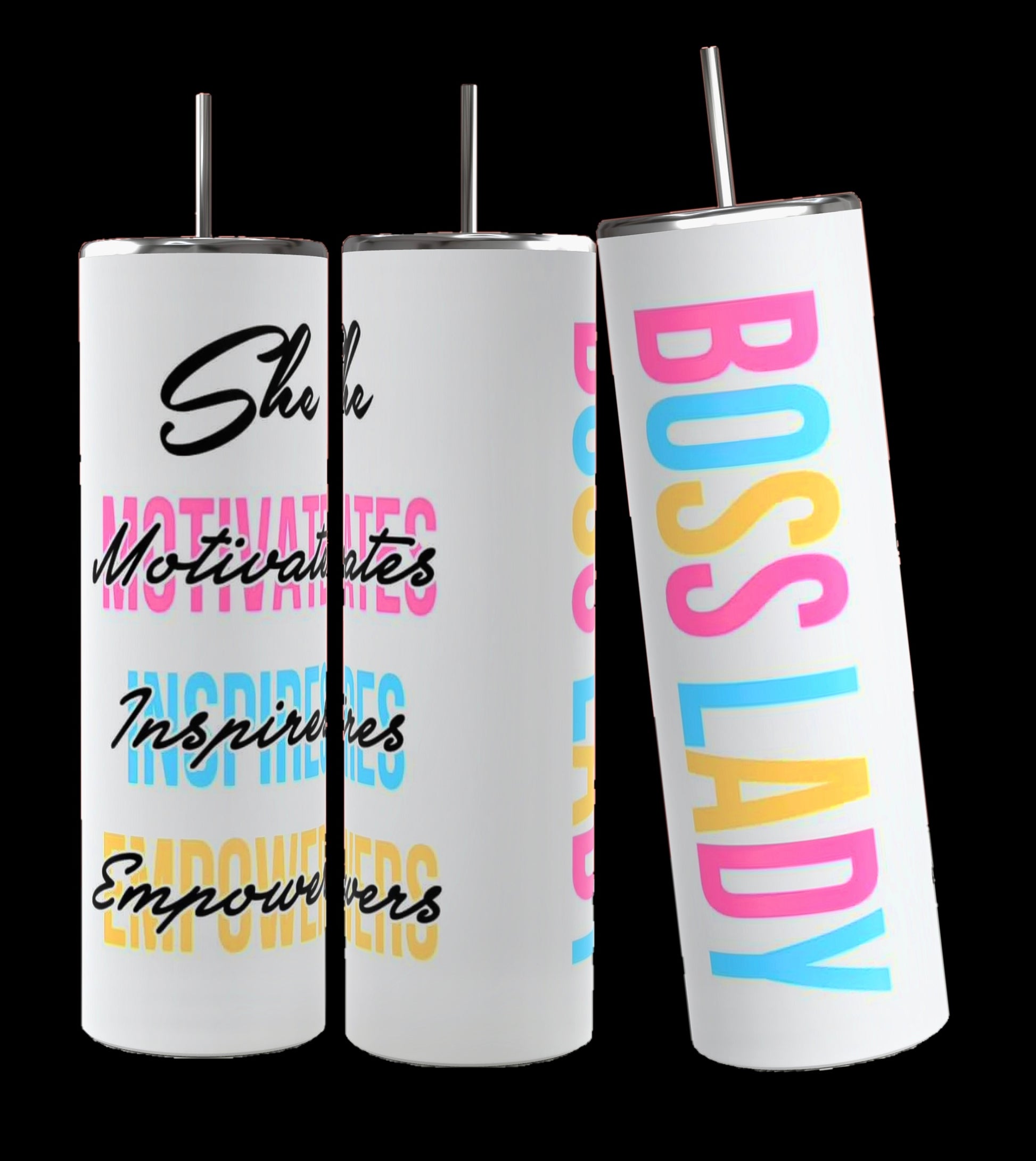 Three tall tumblers with reusable straws and spill-proof lids from Kreative Kreationz. The tumblers on the left and right showcase a stunning marble and gold swirl design, while the center one, known as the "Boss Lady tumbler," is black with the text "act like a LADY think like a BOSS" alongside a gold glitter lip print. All three have a 20 oz capacity.