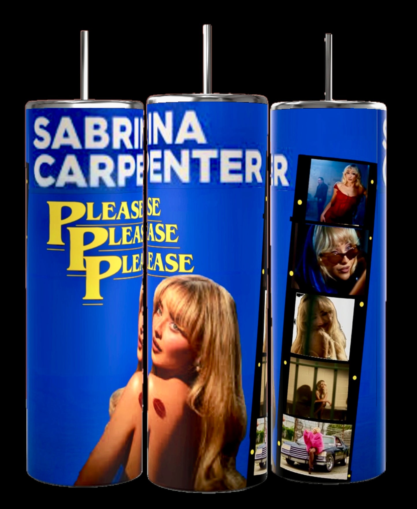 Three 20oz Sabrina Carpenter Please Please Please Tumblers from Kreative Kreationz are showcased, each tall and cylindrical with spill-proof lids. They feature images of a blonde woman accompanied by movie-style text on a blue background, displaying the phrases “SABRINA CARPENTER" and "PLEASE PLEASE PLEASE.” The designs also include film strip motifs and come with reusable straws.