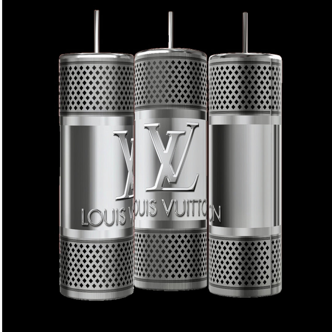 A collection of LV Silver Stainless Steel 20oz Tumblers from Kreative Kreationz, each equipped with a spill-proof lid.