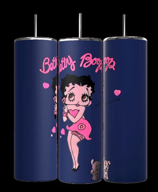 The Kreative Kreationz Betty B Navy 20oz Skinny Tumbler features a cartoon character in a pink dress with "Betty Boop" text in pink above. The design includes pink hearts, a small dog, and showcases durable construction on three tall, sublimated blue tumblers.