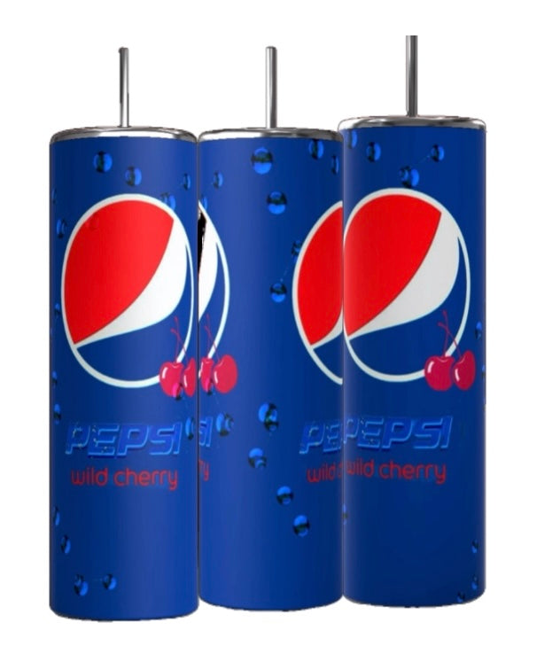 Against a blue background, three tall, cylindrical stainless steel tumblers evoke the charm of Cherry Pepsi Cola. Crafted by Kreative Kreationz, these 20oz skinny tumblers feature the classic red and white Pepsi logo with cherry graphics. "Cherry Pepsi" is printed in red near the bottom for a pop of color.