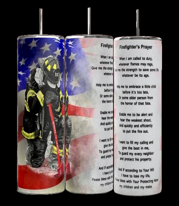 This image displays three cylindrical objects: a sublimated tumbler featuring a firefighter kneeling, another with an American flag, and the Kreative Kreationz Firefighter Prayer 20oz Tumbler. Each boasts durable construction, ideal for honoring those who serve.
.