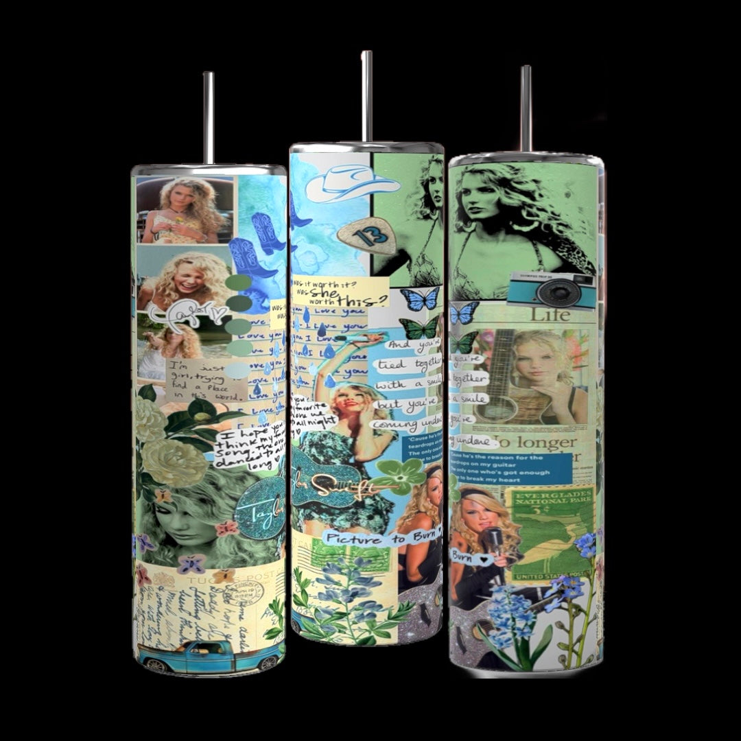 The Debut Collage Taylor Swift 20oz Tumbler by Kreative Kreationz features tall cylindrical art adorned with a collage of photos, handwritten notes, flowers, butterflies, and various drawings set against mixed backgrounds. Dominated by shades of green, blue, and white, the tumbler also showcases repeated images of a woman along with themes of nature and inspiration. Its durable construction guarantees lasting beauty.