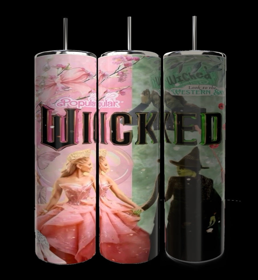 Explore the "Wicked" 20oz Tumblers by Kreative Kreationz, made of stainless steel for excellent insulation. Two tumblers depict Glinda in a pink dress and one features Elphaba with her hat. Each piece prominently displays the title "Wicked.