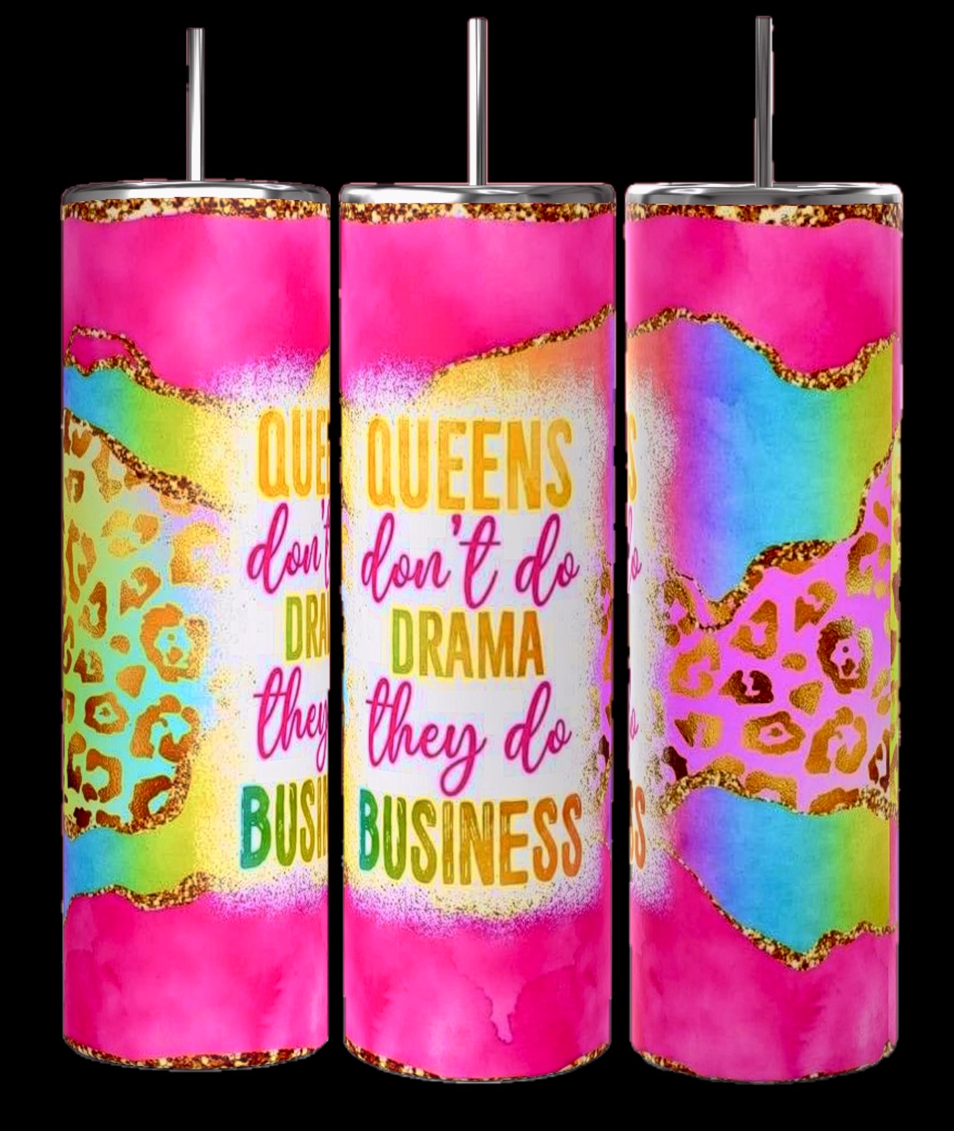 A collage features nine colorful Boss Lady 20oz Tumblers with Reusable Straw and Lid designs with "Boss Lady" and "Lady Boss" themes from Kreative Kreationz. Each personalized tumbler boasts bold, vibrant patterns like leopard prints, pink glitter, and marble textures, all accompanied by empowering text. The background is black with white text labels.