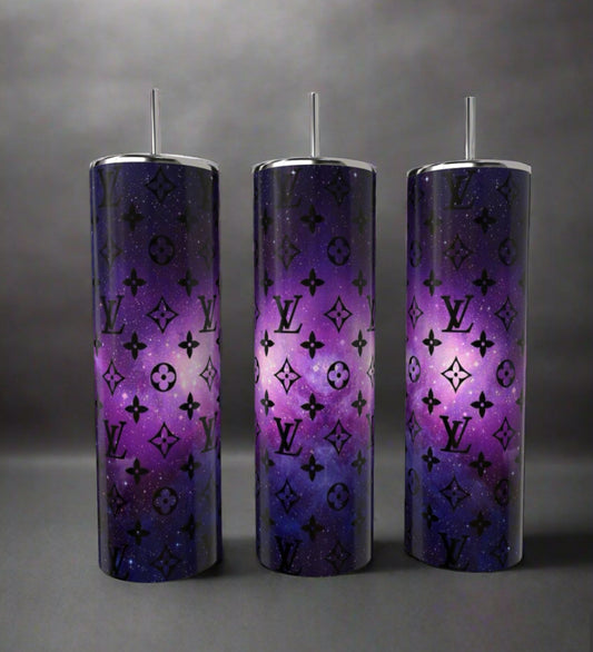 Three LV Cosmo 20oz Skinny Tumblers from Kreative Kreationz stand side by side, showcasing a stunning purple galaxy design with black floral patterns and "LV" logos. These stylish double-wall stainless steel tumblers come with reusable straws for optimal functionality.