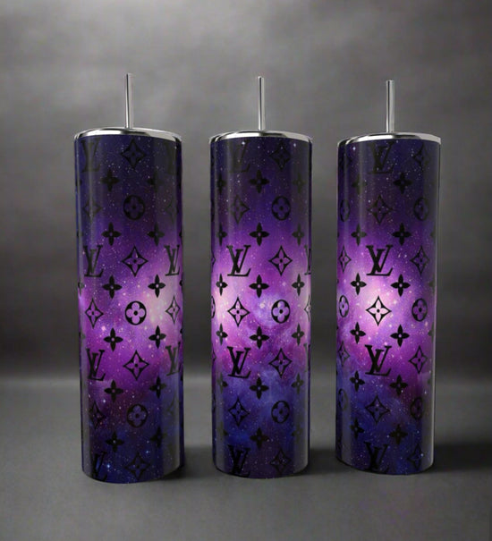 Three LV Cosmo 20oz Skinny Tumblers from Kreative Kreationz stand side by side, showcasing a stunning purple galaxy design with black floral patterns and 