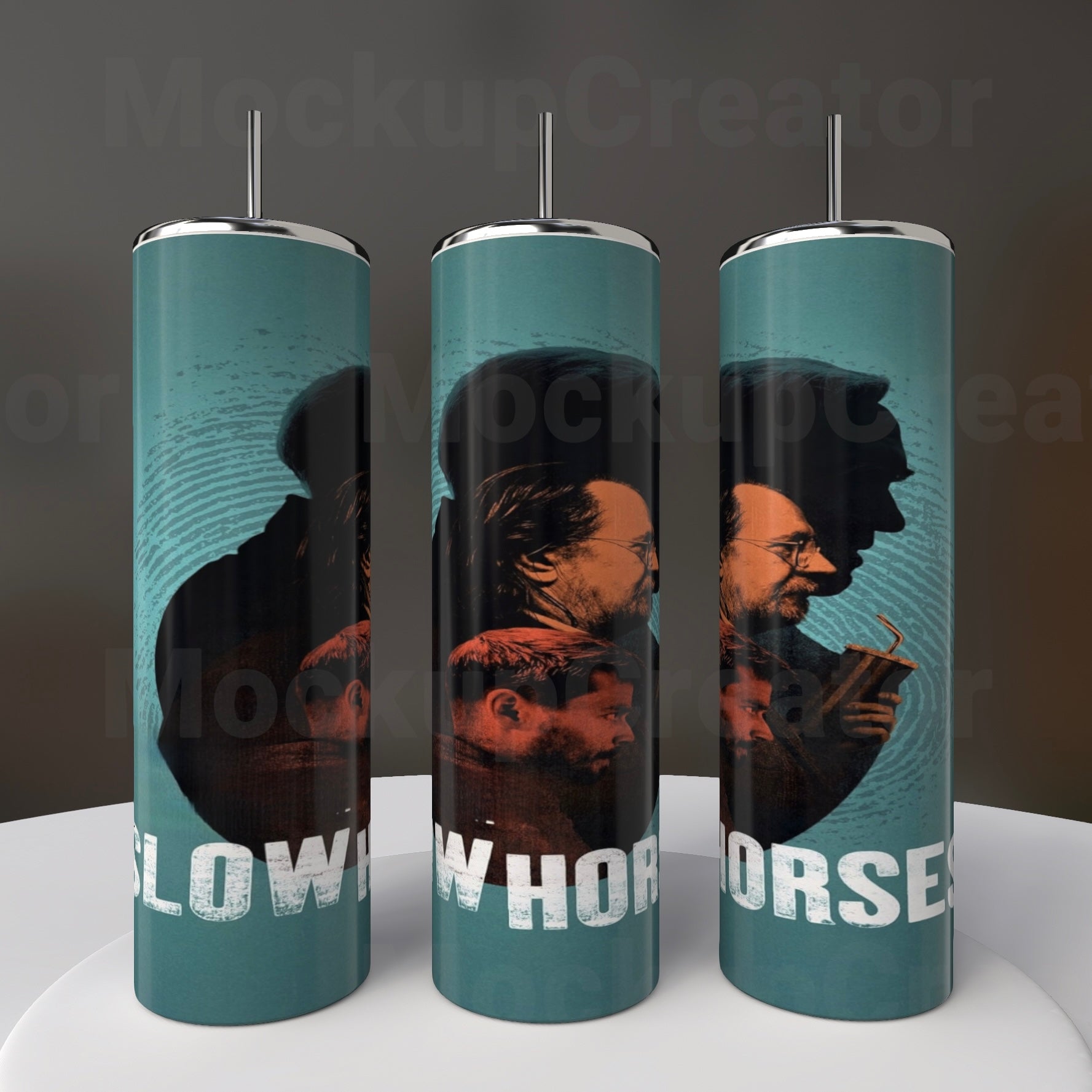 The Kreative Kreationz Slow Horses 20oz Stainless Steel Tumblers, featuring stainless steel straws, display artistic silhouette designs reading "SLOW," "HORSE," and "WORSE" on a teal background. These stylish tumblers are side-by-side on a white surface, combining style with functionality.