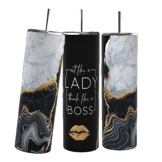 Three tall tumblers with reusable straws and spill-proof lids from Kreative Kreationz. The tumblers on the left and right showcase a stunning marble and gold swirl design, while the center one, known as the "Boss Lady tumbler," is black with the text "act like a LADY think like a BOSS" alongside a gold glitter lip print. All three have a 20 oz capacity.