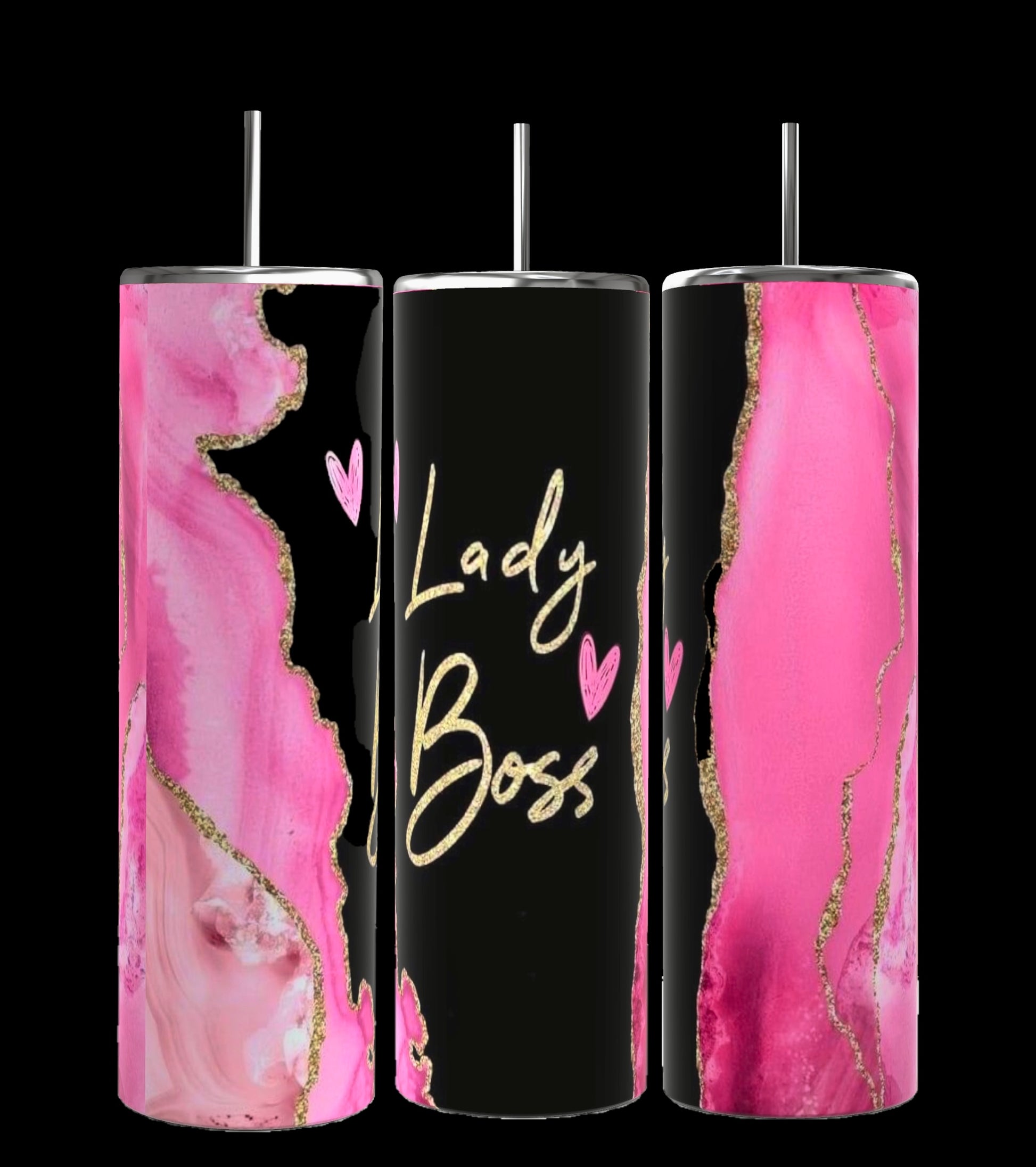 A collage features nine colorful Boss Lady 20oz Tumblers with Reusable Straw and Lid designs with "Boss Lady" and "Lady Boss" themes from Kreative Kreationz. Each personalized tumbler boasts bold, vibrant patterns like leopard prints, pink glitter, and marble textures, all accompanied by empowering text. The background is black with white text labels.