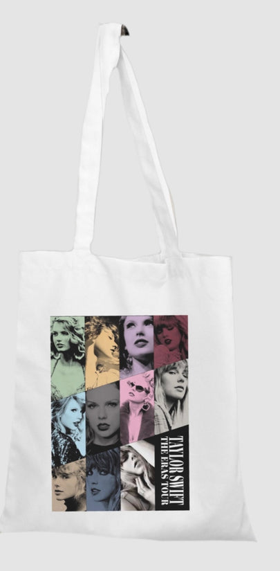 The Eras Tote Bag by Kreative Kreationz is a white canvas tote featuring a vibrant collage of black and white and tinted portraits of a woman in various poses. 