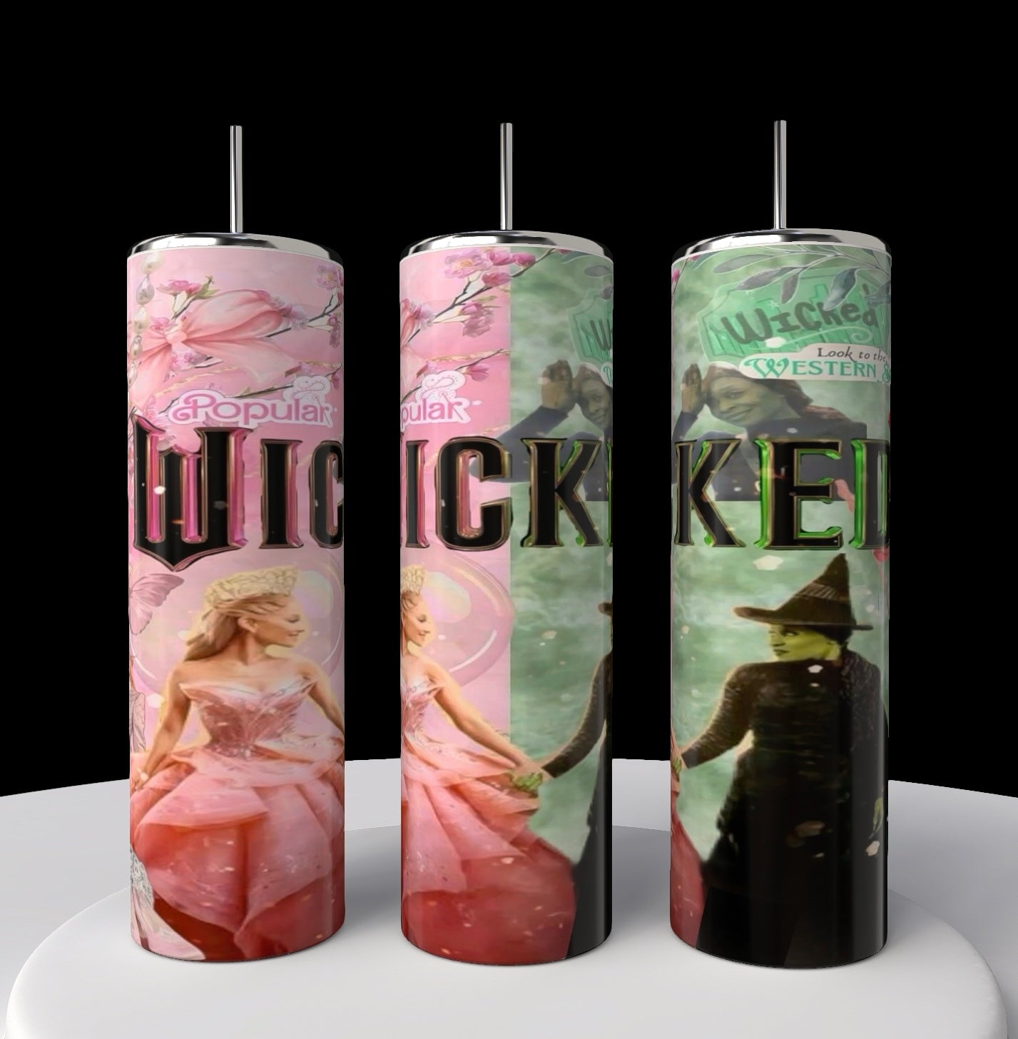 Three cylindrical candles feature musical scenes similar to the Kreative Kreationz Wicked 20oz Tumbler, with characters in pink and black and the word "WICKED." The designs use vibrant green and pink colors akin to those on an insulated tumbler.