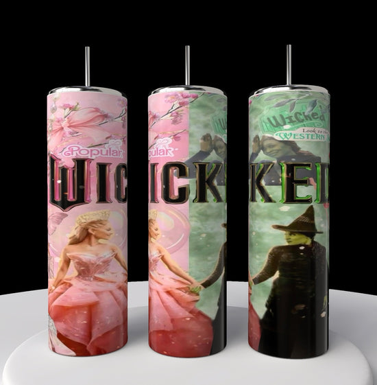 Three cylindrical candles feature musical scenes similar to the Kreative Kreationz Wicked 20oz Tumbler, with characters in pink and black and the word 