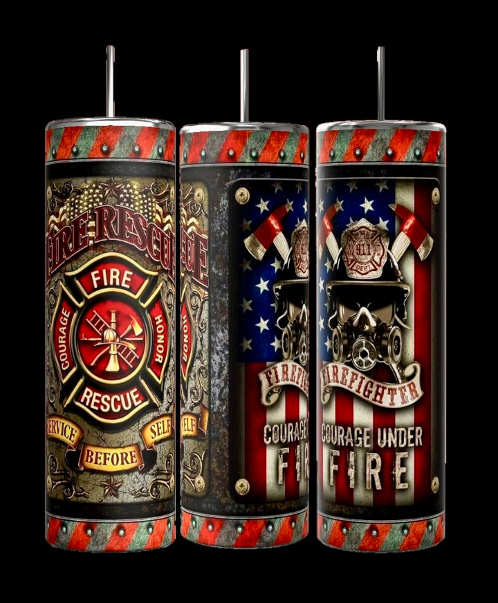 Three Fire Rescue 20oz Skinny Tumblers by Kreative Kreationz feature vibrant firefighter-themed designs with helmets, axes, and American flags. Sublimated texts include "Courage Under Fire" and "Fire Rescue." They boast durable construction in red, black, and gold.