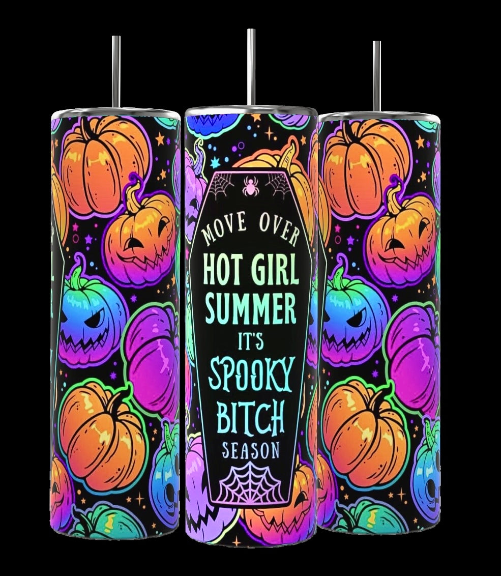 The Spooky Bitch Season Series by Kreative Kreationz is a set of three colorful 20oz tumblers featuring vibrant designs of various jack-o'-lanterns in orange, blue, and purple against a black background. The central Halloween drinkware tumbler has a coffin-shaped design with the text "Move over hot girl summer, it’s spooky bitch season.