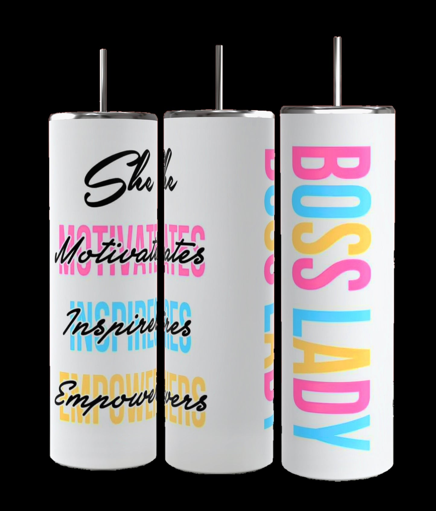 Three tall, cylindrical Boss Lady 20oz Tumblers with metal straws and white backgrounds from Kreative Kreationz. The first stylish tumbler displays motivational words like "She," "Motivates," "Inspires," and "Empowers" in black, pink, blue, and yellow fonts. The last one features the phrase "BOSS LADY" in bold pink and blue letters. Durable construction ensures lasting use.