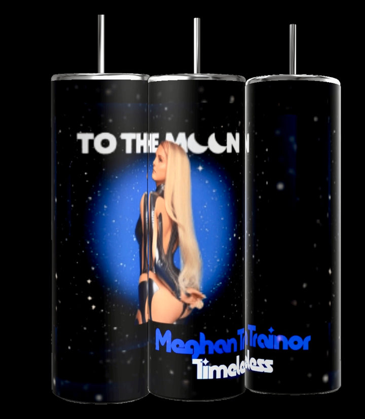 Kreative Kreationz's "Meghan Trainor | To The Moon" 20oz Skinny Tumbler features a space-themed design with a long-haired person in a blue and black outfit. The text reads “To the Moon” and “Meghan Trainor Timeless.” Each tumbler includes a spill-proof lid for secure drinks.