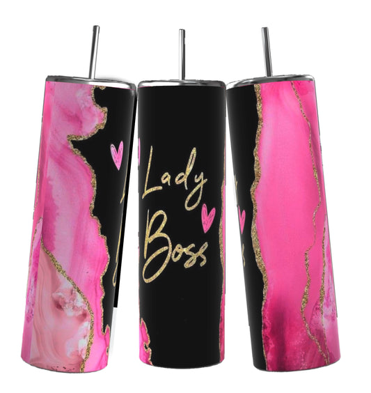 A collage features nine colorful Boss Lady 20oz Tumblers with Reusable Straw and Lid designs with "Boss Lady" and "Lady Boss" themes from Kreative Kreationz. Each personalized tumbler boasts bold, vibrant patterns like leopard prints, pink glitter, and marble textures, all accompanied by empowering text. The background is black with white text labels.