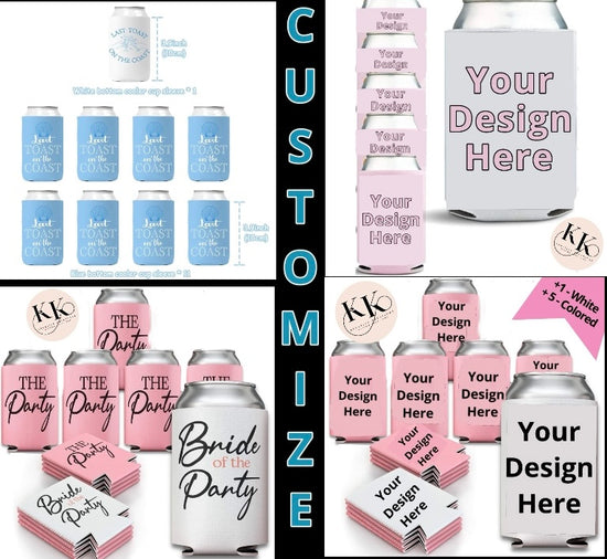 Collage featuring Kreative Kreationz's 6-Pack Customizable Koozies in pink, silver, and white, ideal for party favors. Personalize each koozie your way for a unique touch!.