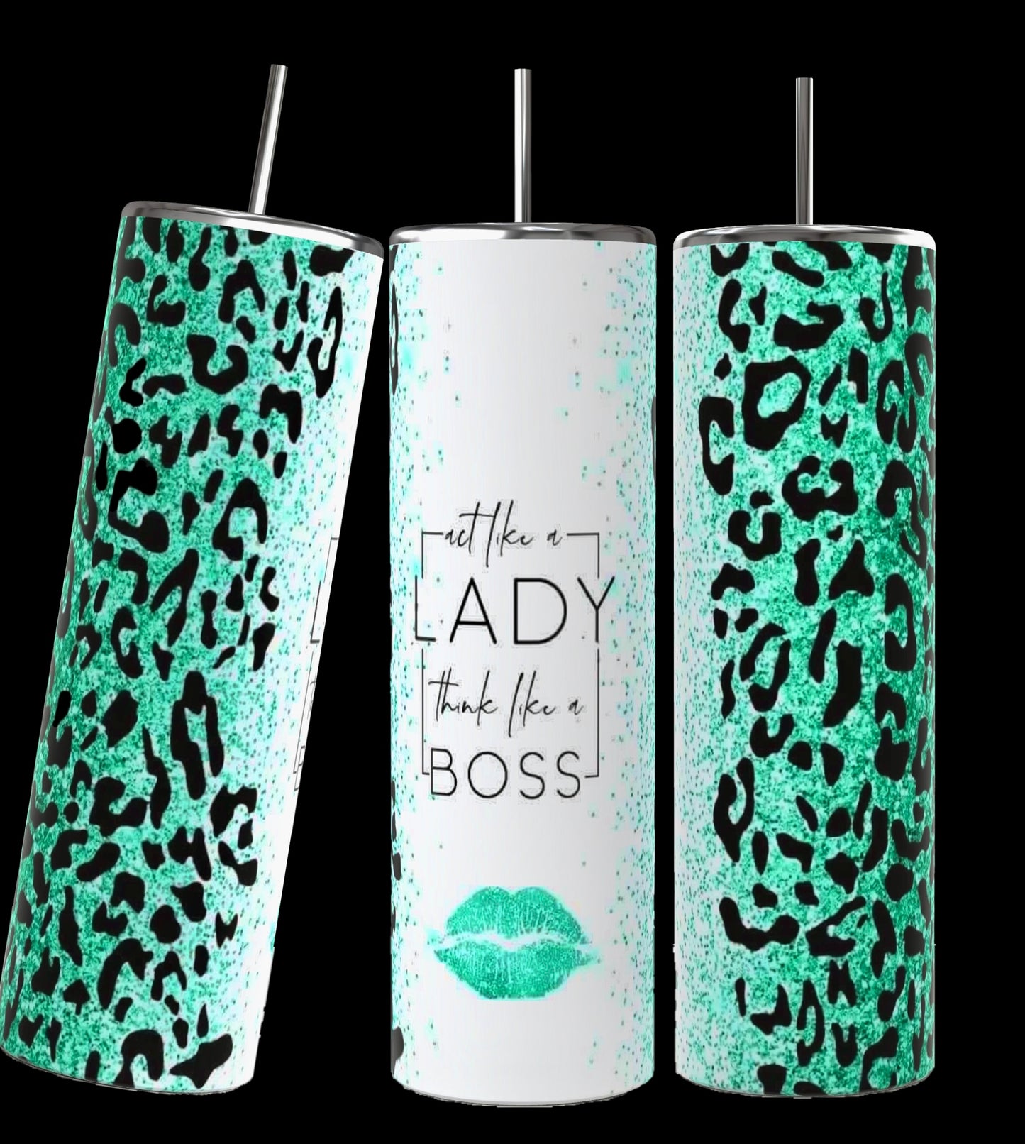 Three tall tumblers with reusable straws and spill-proof lids from Kreative Kreationz. The tumblers on the left and right showcase a stunning marble and gold swirl design, while the center one, known as the "Boss Lady tumbler," is black with the text "act like a LADY think like a BOSS" alongside a gold glitter lip print. All three have a 20 oz capacity.