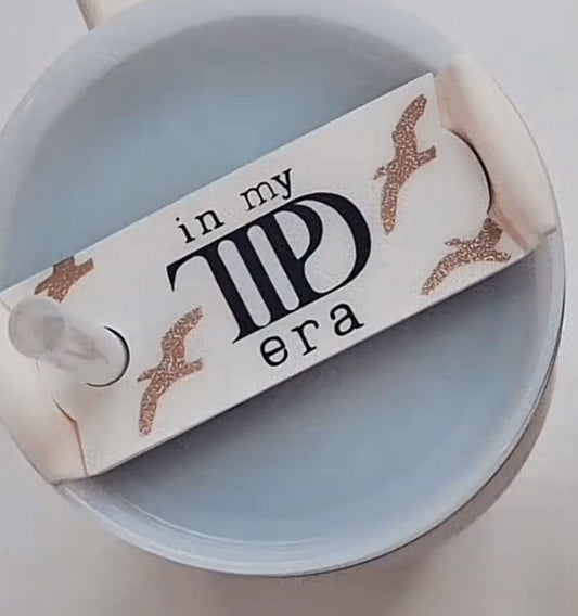 The "In My TTPD Era Tumbler Lid Topper" by Kreative Kreationz features a design that says "in my TID era" with illustrations of flying seagulls around the words. This Swiftie accessory is showcased from the top, clearly displaying its intricate lid topper, and is compatible with Stanley 20, 30, and 40 oz tumblers.