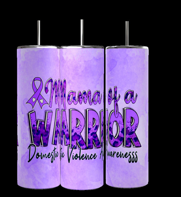 Three 20oz purple tumblers by Kreative Kreationz feature "Mama of a Warrior" and a ribbon symbol for Domestic Violence Awareness. The design includes varied purple shades and textured patterns, ideal for any collection.