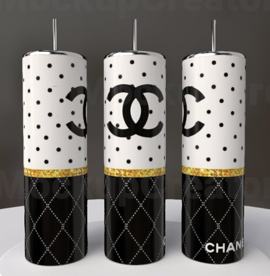 Three tall, cylindrical Chanel 20oz Skinny Tumblers with straws feature black and white polka dot and quilt designs. The central tumbler displays a prominent black logo and offers double-wall insulation for keeping drinks perfectly chilled. Brand: Kreative Kreationz.