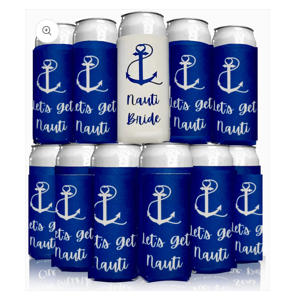 A set of beverage cans with blue covers featuring a nautical anchor design and the phrase "let's get nauti." One central can has a white cover labeled "Nauti Bride," all crafted by Kreative Kreationz under their Select line.