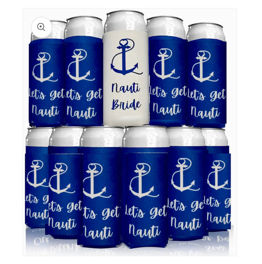 A set of beverage cans with blue covers featuring a nautical anchor design and the phrase "let's get nauti." One central can has a white cover labeled "Nauti Bride," all crafted by Kreative Kreationz under their Select line.