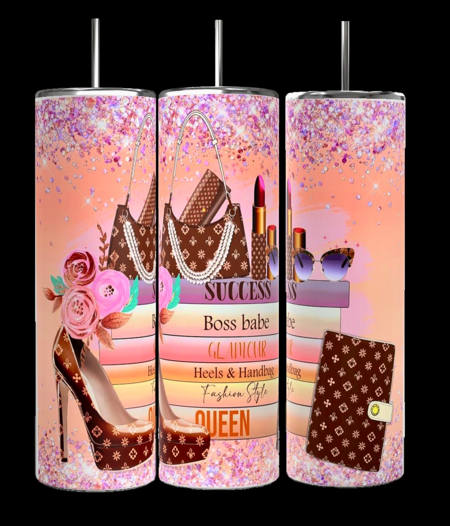 A collage features nine colorful Boss Lady 20oz Tumblers with Reusable Straw and Lid designs with "Boss Lady" and "Lady Boss" themes from Kreative Kreationz. Each personalized tumbler boasts bold, vibrant patterns like leopard prints, pink glitter, and marble textures, all accompanied by empowering text. The background is black with white text labels.