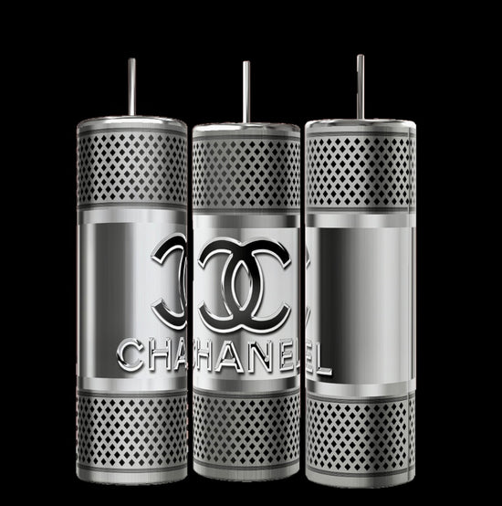 Three metallic perfume bottles, inspired by Chanel's design, prominently display interlocking 