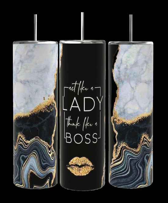 Three tall, cylindrical Boss Lady 20oz Tumblers with metal straws and white backgrounds from Kreative Kreationz. The first stylish tumbler displays motivational words like 