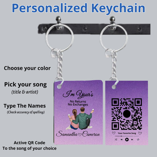 Two "Our Song Keychain" by Kreative Kreationz are shown on hooks, each with a purple rectangular tag. One displays "I'm Yours" with "Samantha" and "Cameron," while the other features a working QR code. Customization instructions are provided alongside.