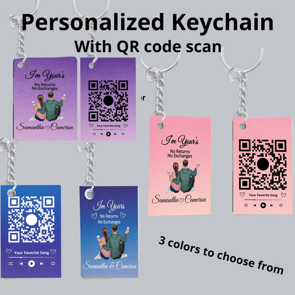 An image features the "Our Song Keychain" by Kreative Kreationz, complete with a working QR code and the text, "I'm Yours, No Returns No Exchanges." Available in purple, pink, and blue, these keychains boast playful illustrations and can be customized with names and linked to your favorite song.