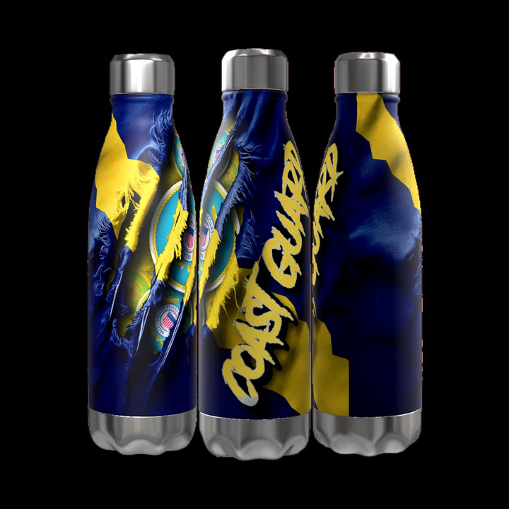 Three Military Series 16 oz Aluminum Waterbottles by Kreative Kreationz, featuring a blue and white space-themed design with the text "SPACE FORCE" prominently displayed. These durable sports bottles are arranged in a row against a black background, showcasing the design from different angles.