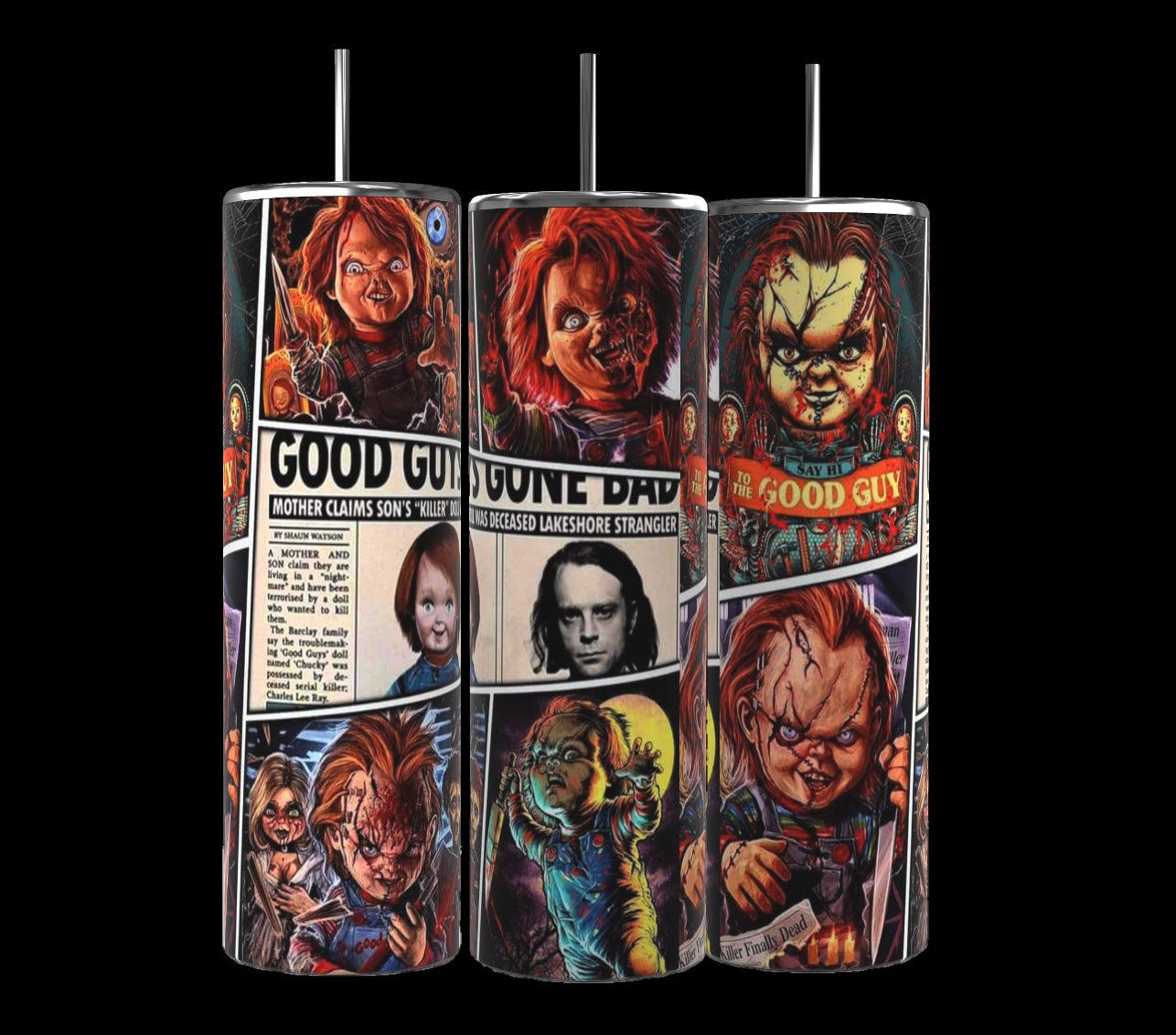 Three CHUCKY | Halloween| 20oz Tumblers by Kreative Kreationz, featuring detailed horror-themed artwork of a menacing doll with red hair, scars, and a sinister grin. These spooky tumblers include comic-style panels with various expressions and scenes, including a "Good Guy" label and a newspaper clip. Each has a 20 oz capacity.