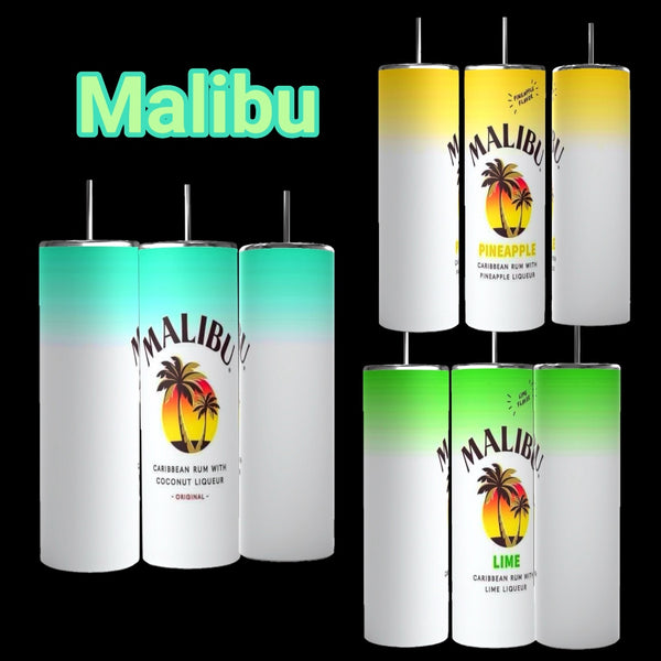 Image showing a collection of Malibu 20oz Tumblers from Kreative Kreationz. Six vibrant, 20 oz capacity tumblers are beautifully arranged in two rows, showcasing flavors like Original, Pineapple, and Lime. Each tumbler features tropical colors along with the iconic Malibu logo depicting a palm tree. Perfect for pairing with an eco-friendly MALIBU tumbler and reusable straw.
