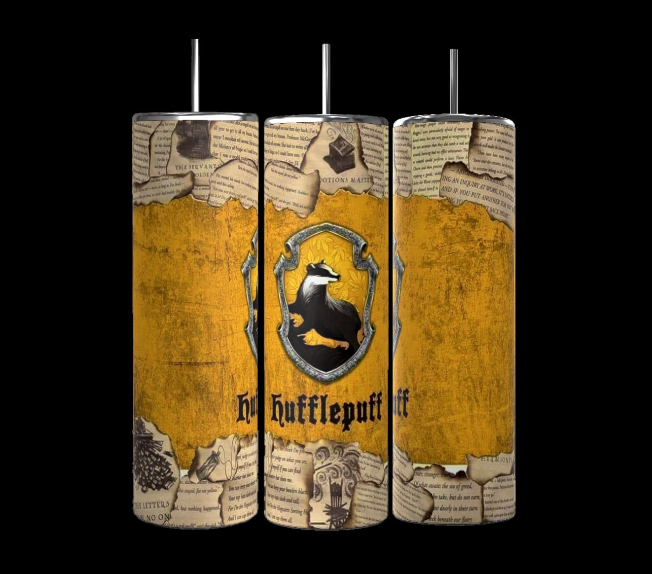 Displayed against a yellow background, three cylindrical objects resemble a collage of torn pages. The central item is a Kreative Kreationz Harry Potter Collection 20oz Tumbler, showcasing a crest with a badger and the word "Hufflepuff." Equipped with spill-proof silver lids and straws, these tumblers are ideal for fans.