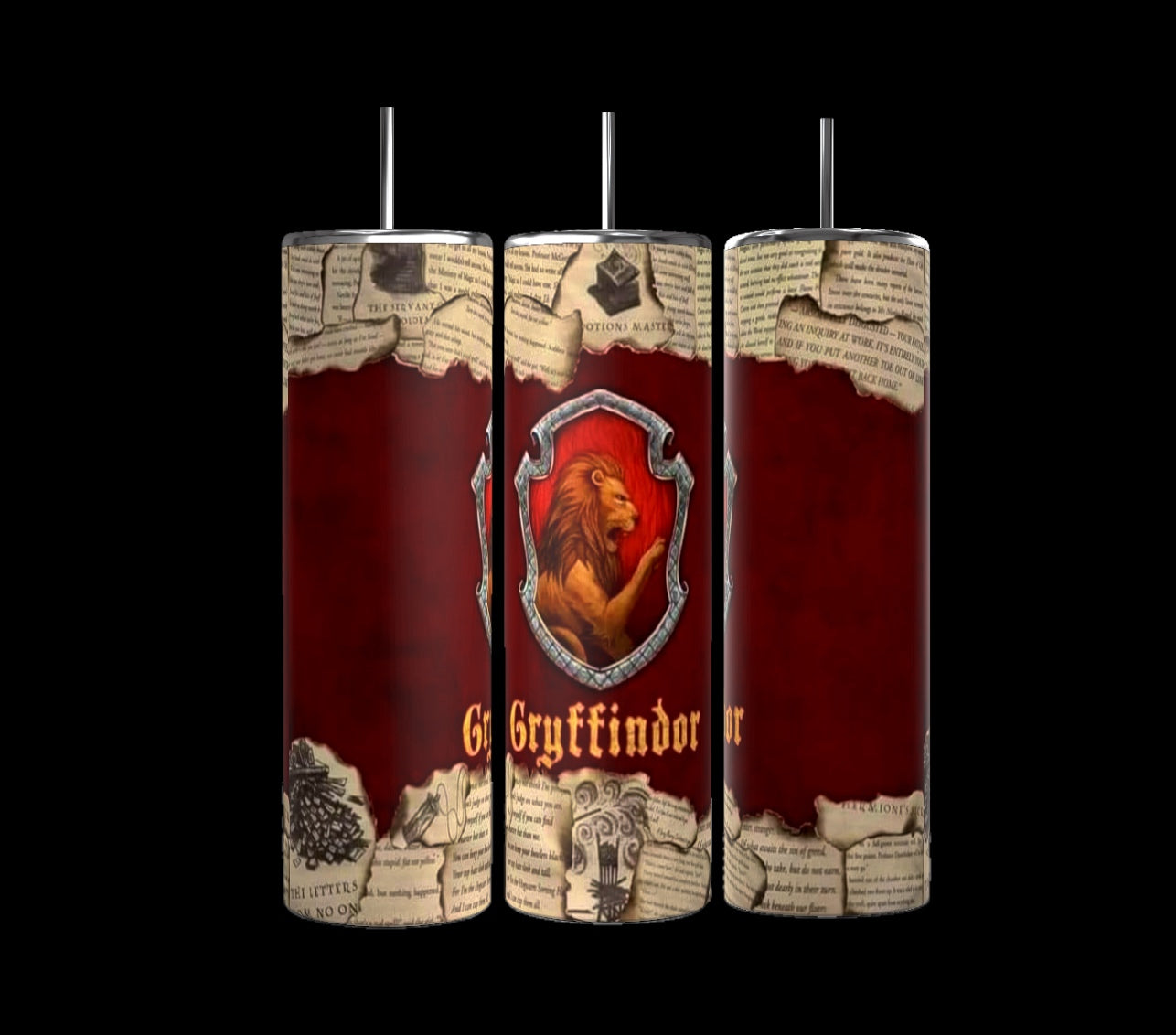 Three tumblers from the Harry Potter Collection by Kreative Kreationz showcase a red and gold Gryffindor crest with a lion emblem. The design, enhanced by paper-like textures and text on the top and bottom, is set against a deep red backdrop. Each 20 oz tumbler comes with a spill-proof lid for convenient use.