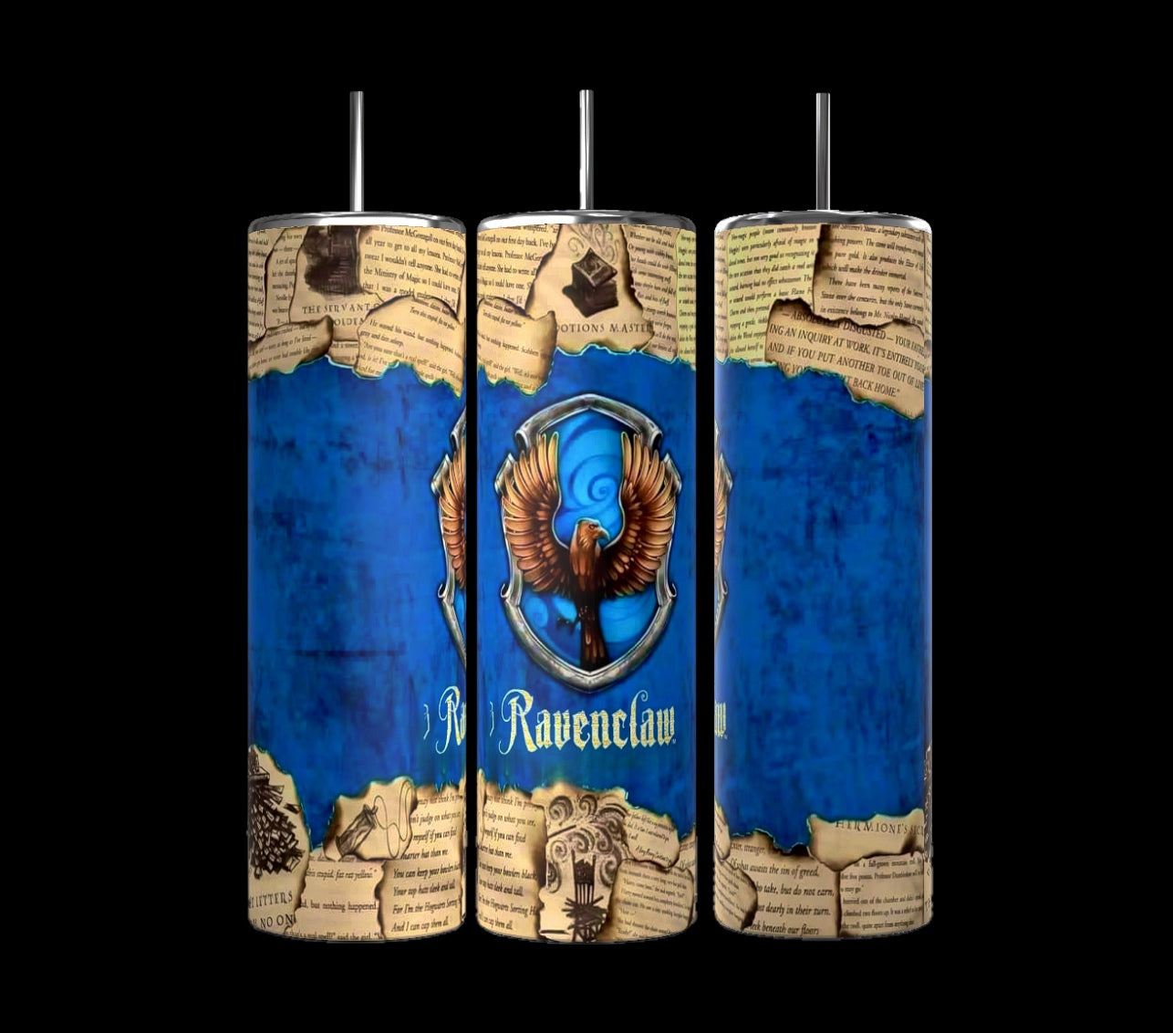 Kreative Kreationz offers a set of three cylindrical Harry Potter 20oz Tumblers, each embellished with the Ravenclaw house crest. These tumblers feature an eagle against a blue backdrop, encircled by parchment-like strips adorned with text and images for a magical, vintage look. Every tumbler also includes a spill-proof lid to ensure convenience and functionality.