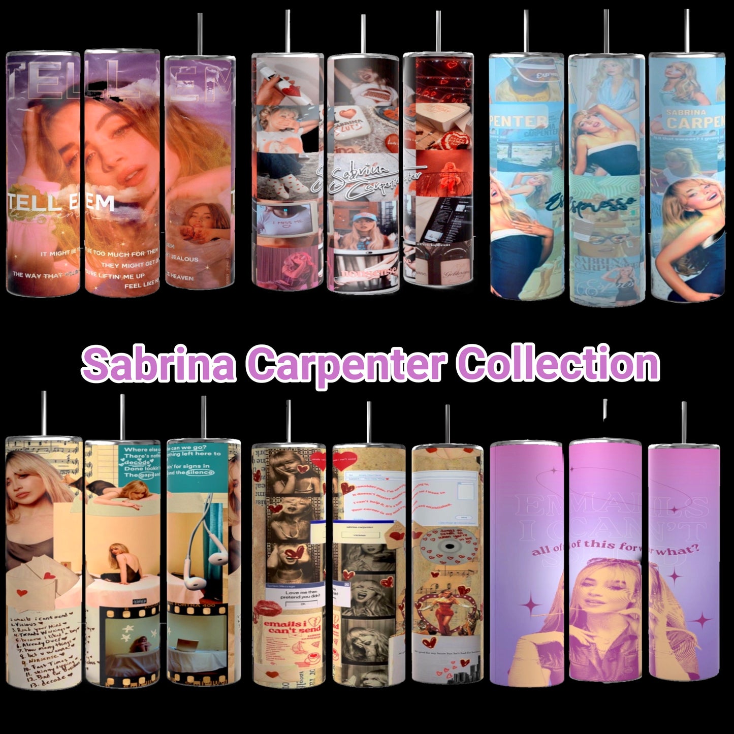 The Kreative Kreationz Sabrina Carpenter 20oz tumblers feature thin, cylindrical drinkware adorned with images of a woman in various poses, album covers, and artistic designs. The text "Sabrina Carpenter Collection" is elegantly written at the bottom center. These tumblers are specifically designed to keep beverages hot or cold for hours.