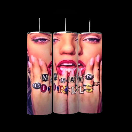 The Mean Girls 20oz Tumblers by Kreative Kreationz, sold in a set of three, feature an up-close image of a woman with long nails covering her face. Her hands are adorned with colorful rings spelling out "MEAN GIRLS." The vivid design is enhanced against a black background, and each tumbler comes with a spill-proof lid for added convenience.