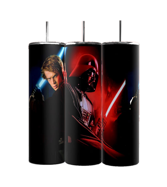 Three Kreative Kreationz Star Wars 20oz Skinny Tumblers highlight characters with blue lightsabers and a dark-helmeted figure holding a red lightsaber, set against a red-lit backdrop. These durable tumblers include spill-proof lids for easy portability.