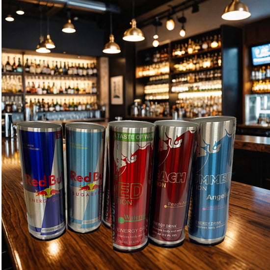 A variety of Red Bull energy drink cans are displayed on a wooden bar counter in front of a well-stocked bar with hanging lights. Alongside the cans, a Kreative Kreationz Red Bull Stainless Steel 20oz Tumbler adds a touch of stylish drinkware to the scene, perfect for enjoying flavors like original, sugar-free, watermelon, peach, and summer edition.