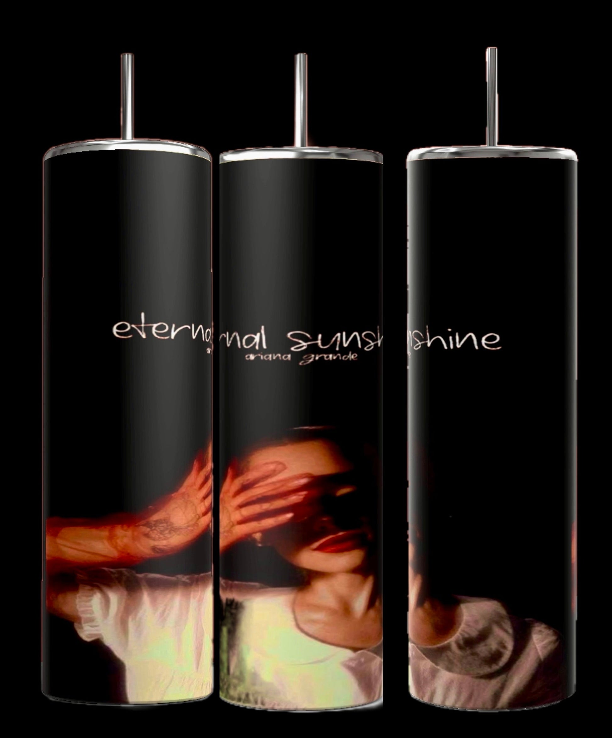 Kreative Kreationz presents the External Sunshine 20oz Tumbler, boasting a sleek black design adorned with a unique artistic portrayal of a person covering their face. The words "Eternal Sunshine" are beautifully scripted in white cursive. These tumblers, with their robust construction and spill-proof lid, combine practicality with style.