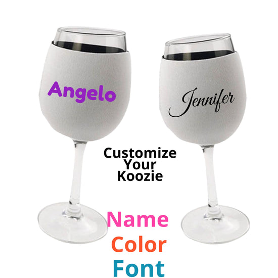 Two wine glasses featuring the Custom Wine Koozie by Kreative Kreationz. Each koozie is personalized, one showcasing 