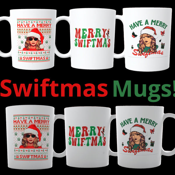 A display of six Merry Swiftmas Taylor Swift Ceramic Mugs, each featuring Christmas-themed designs from Kreative Kreationz. The mugs showcase the phrases "Have A Merry Swiftmas" and "Merry Swiftmas" along with festive illustrations and patterns. Text at the bottom reads, "Swiftmas Mugs!" These Taylor Swift mugs make the perfect gift for any Swiftie this holiday season.