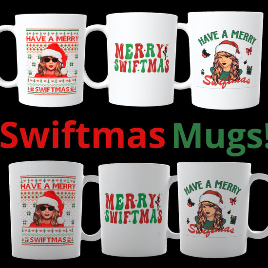 A display of six Merry Swiftmas Taylor Swift Ceramic Mugs, each featuring Christmas-themed designs from Kreative Kreationz. The mugs showcase the phrases 