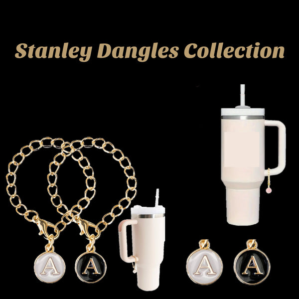 Discover the Stanley Dangles Collection by Kreative Kreationz: A range of Monogram Charm Dangle cup accessories, featuring customizable lettered charms 'A', 'B', and 'C' on two silver chains with lobster clasps against a black backdrop.