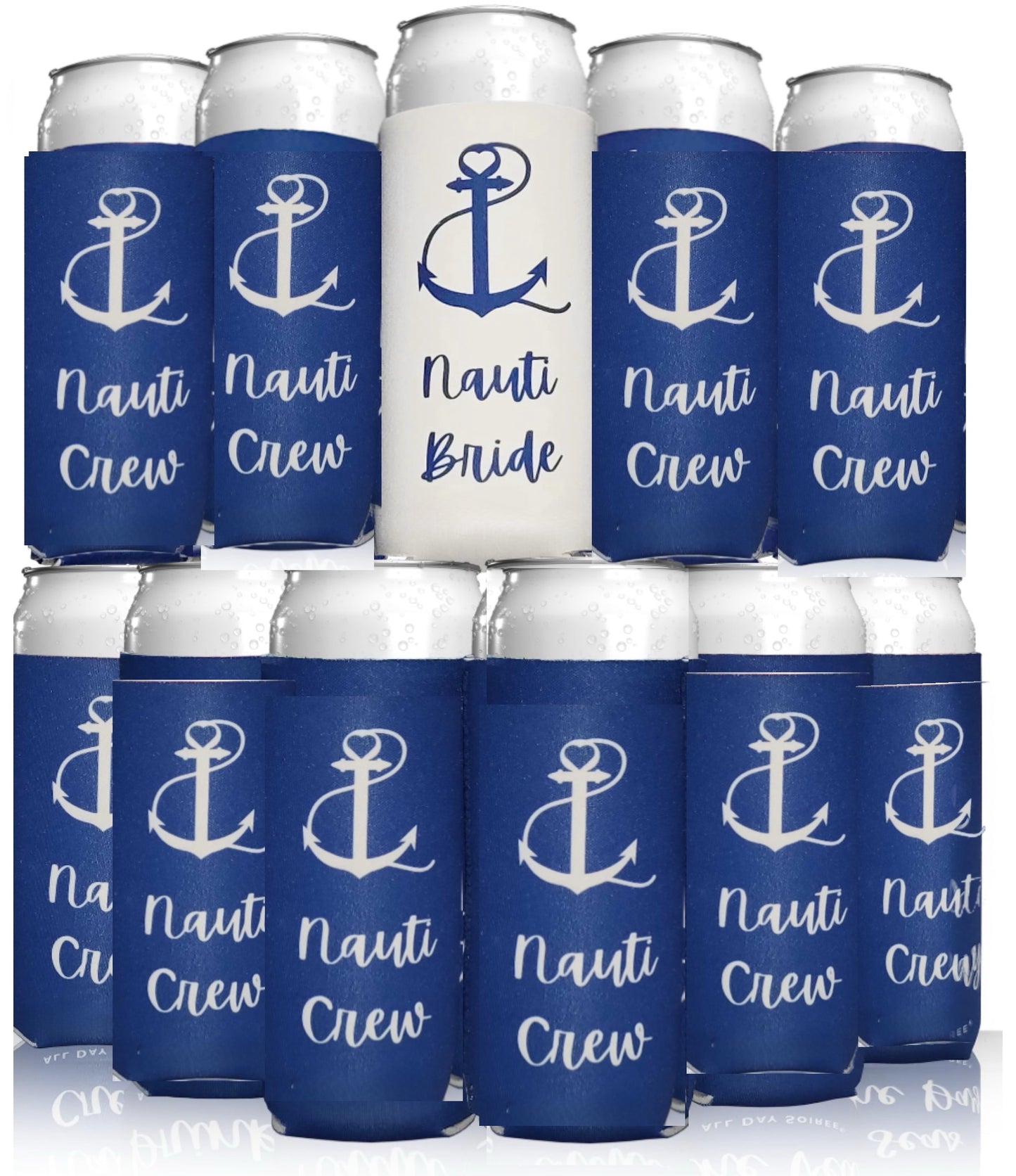 An image showcasing Kreative Kreationz's "Nautical Beach Theme 11-Pack Customizable Koozies" with eleven aluminum cans wrapped in blue nautical koozies featuring white anchors and "Nauti Crew." The central can stands out with a white koozie reading "Nauti Bride" with a blue anchor, ideal as customizable party favors.